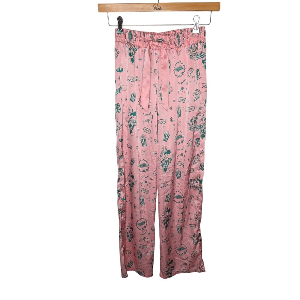 Disney Minnie Mouse Satin Pajama Pants XS Pink Movie Night Popcorn Pizza Lounge